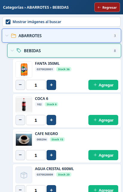 Categorías con la ruta arriba e imágenes